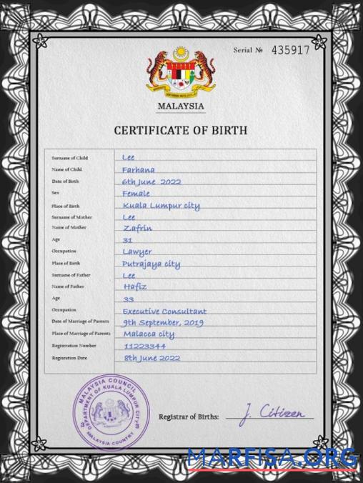 Downloadable Malaysia vital record birth certificate PSD template